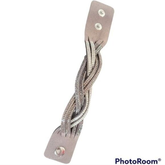 Y2K 00s Gray Braided Soft Cuff Rhinestone Twist Intertwined Suede Feel Bracelet - Picture 2 of 5